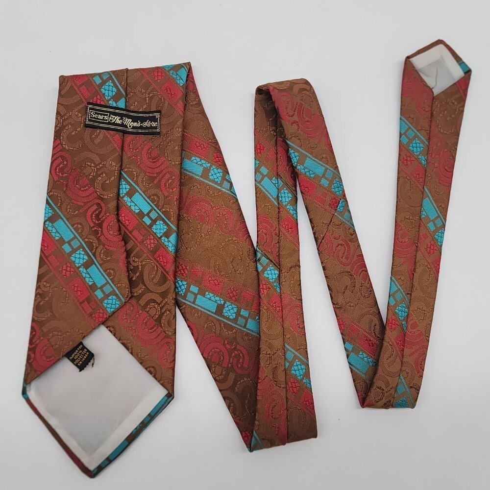 Sears Necktie Stripe Tan Red Teal Geometric Polyester 4" W 53" L - Picture 4 of 6